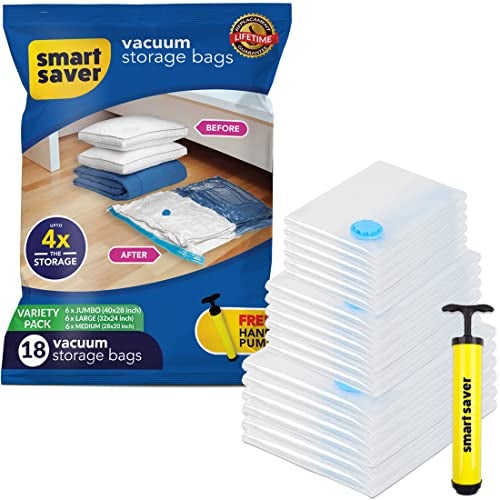 Smart Saver 18 Pack Smart Saver Vacuum Bags for Travel, Space Saver Bags (6 Jumbo/6 Large/6 Medium) Compression Storage Bags for Clothes, Pillows, Comforters, Vaccine Sealed Compression Packing Bag with Hand Pump - Image 1