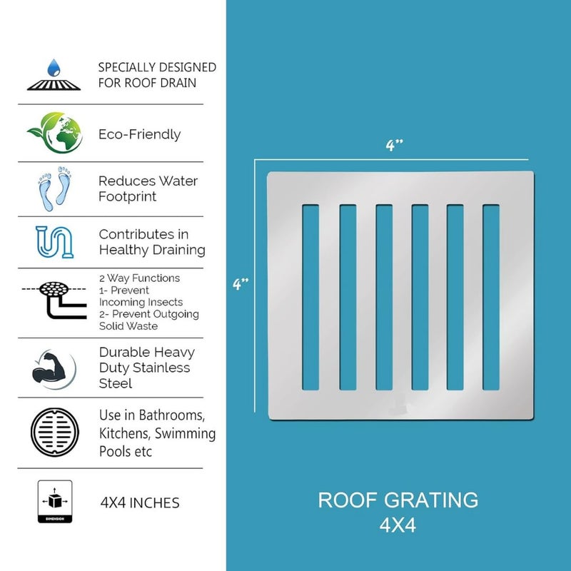 COSSIMO Stainless Steel Drain Strainer 4"x4" Inch Chrome Finish Without Frame Jali for Roof, Balcony & Pool Area (Pack of 2) - Image 3