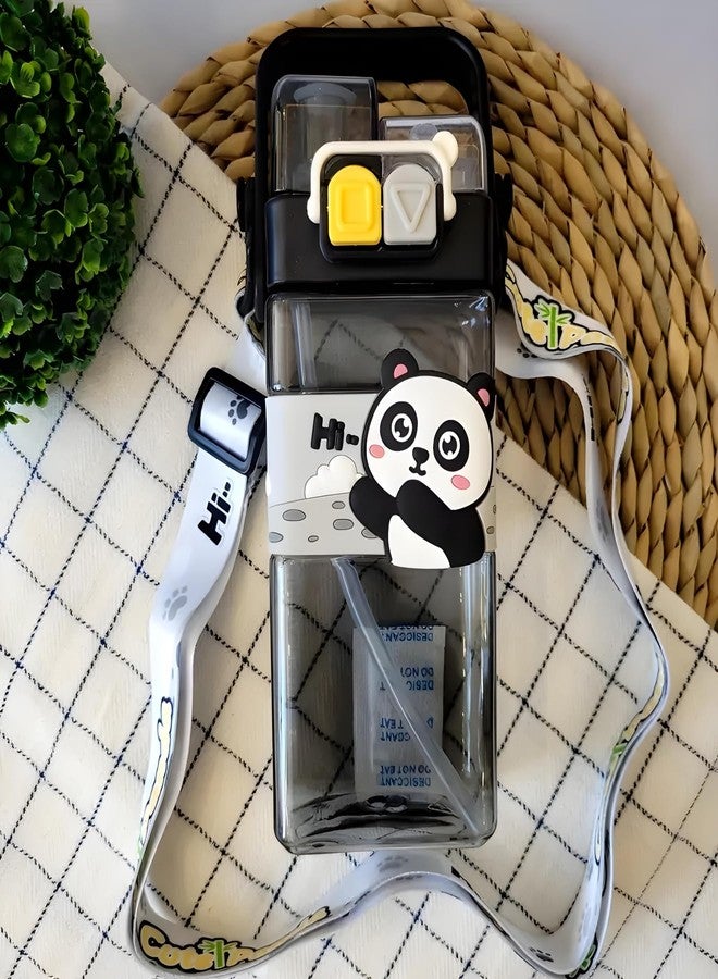 Elecart Dino Kid's Cartoon Water Bottle with Adjustable Strap – Cute Double Drinking Straw Cup | Leak-Proof, Portable Tumbler – 500ML – Perfect for School & Outdoor Fun (Black Panda) - Image 1
