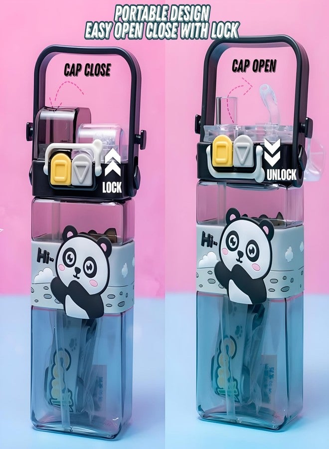 Elecart Dino Kid's Cartoon Water Bottle with Adjustable Strap – Cute Double Drinking Straw Cup | Leak-Proof, Portable Tumbler – 500ML – Perfect for School & Outdoor Fun (Black Panda) - Image 3