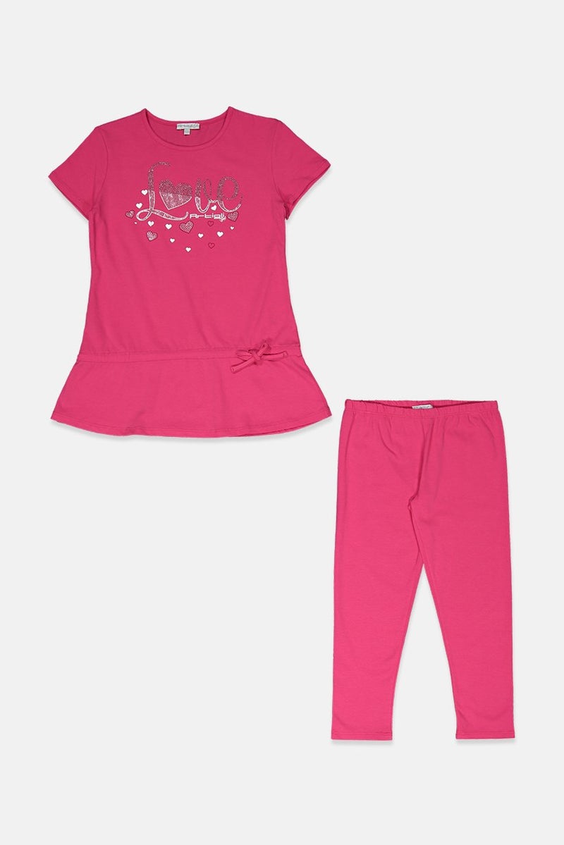 Artigli Girl Kids Girl 2 Pieces Short Sleeve Top And Pants Set, Fuchsia Pink - Image 1