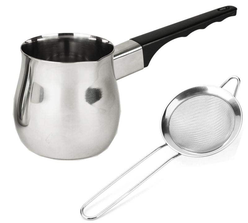Prana Chai 14oz Chai teapot and strainer combo Turkish coffee pot and fine mesh strainer together for making perfect Prana Chai at home 