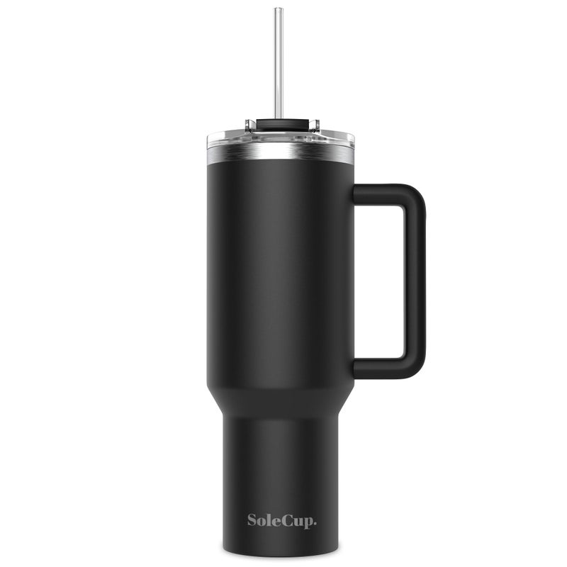 SoleCup 40oz Travel Mug with Handle Lid and Two Straws Drinks Stay Hot for 8 Hours Cold for 24 Hours Double Wall Vacuum Insulated Stainless Steel Tumbler Black 40oz