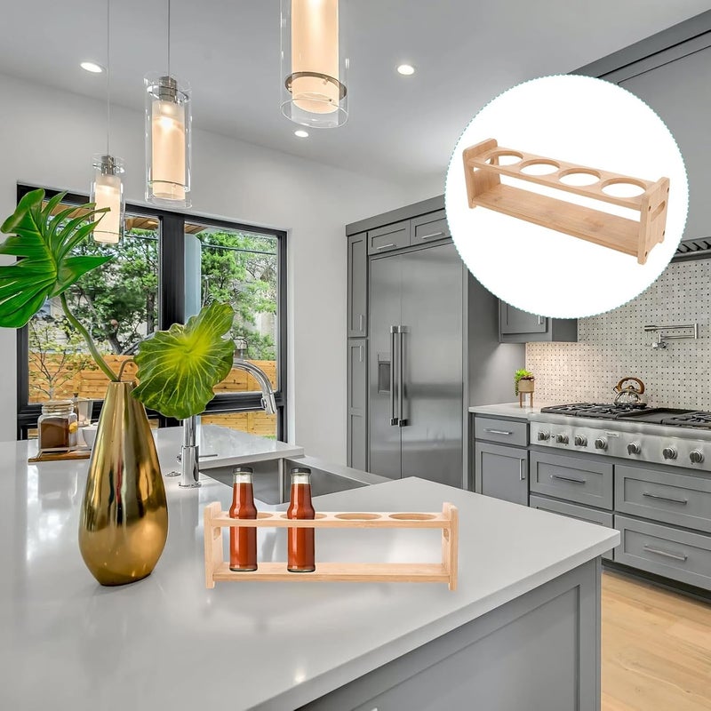 Four-holes Wood Oil Pot Rack and Seasoning Jar Storage Organizer, 6.6cm Diameter round Spice Bottle Holder for Kitchen Countertop and Pantry - Image 5