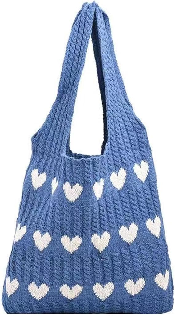 Kawn® Premium Knitted Heart Pattern Tote Bag Large Stylish and Durable Trendy bag for Everyday Use Beach Shopping Travel Work – Comfortable and Trendy Design (Blue) - Image 1