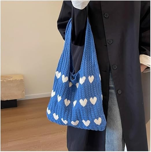 Kawn® Premium Knitted Heart Pattern Tote Bag Large Stylish and Durable Trendy bag for Everyday Use Beach Shopping Travel Work – Comfortable and Trendy Design (Blue) - Image 5