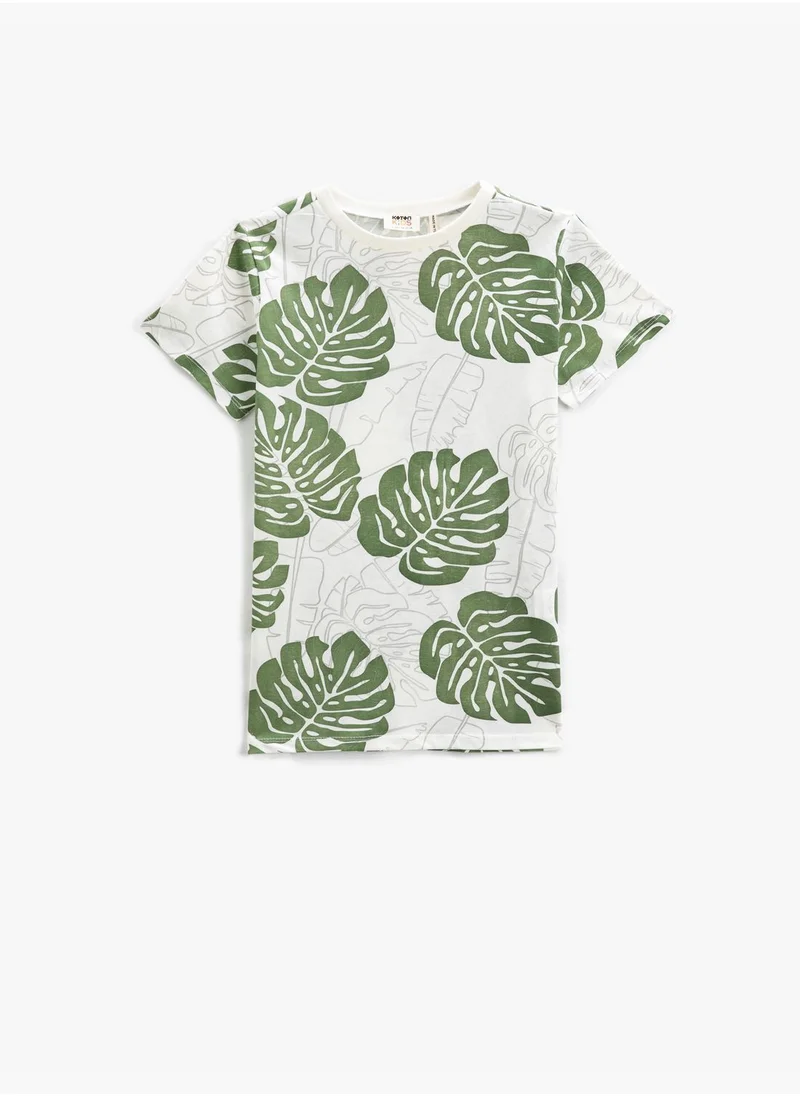 كوتون T-Shirt Palm Printed Short Sleeve Crew Neck