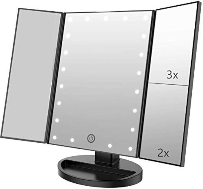 3 FOLDS LIGHTED VANITY MAKEUP MIRROR1X2X3X MAGNIFICATION 21 LED LIGHT BRIGHT TABLE MIRROR WITH TOUCH SCREEN180 ADJUSTABLE ROTATIONPORTABLE TRAVEL COSMETIC MIRROR