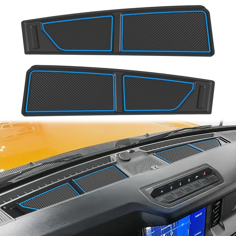auovo Dash Cover Tray Fit for Ford Bronco Accessories 2026 2025 2021 2022 2023 2024 Anti-Slip Silicone Dashboard Compartments Mat fit Bronco 2/4-Door Interior Dash Pad Liners 2-pc Set (Blue Trim) - Image 1