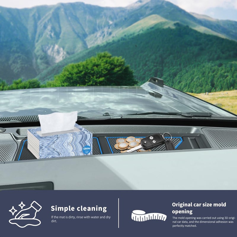 auovo Dash Cover Tray Fit for Ford Bronco Accessories 2026 2025 2021 2022 2023 2024 Anti-Slip Silicone Dashboard Compartments Mat fit Bronco 2/4-Door Interior Dash Pad Liners 2-pc Set (Blue Trim) - Image 5
