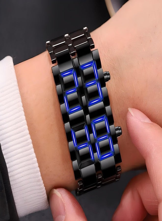 Gosasa Men's Lava Style Stainless Steel Watch Red Blue LED Digital Watch Black Bracelet Watch - Image 2