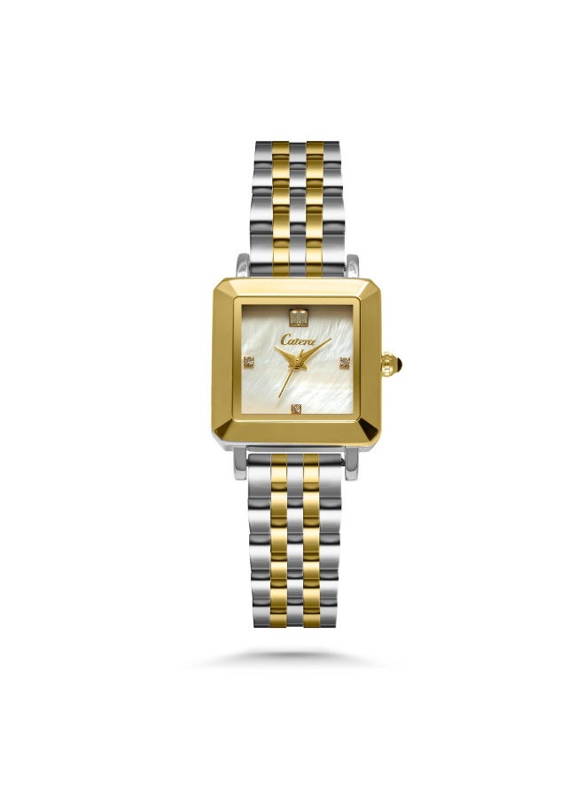 كاتيرا ساعة نسائية ضد الماء وبجودة عالية ستيل- سوارفضي وذهبي مع ميناء ابيض
