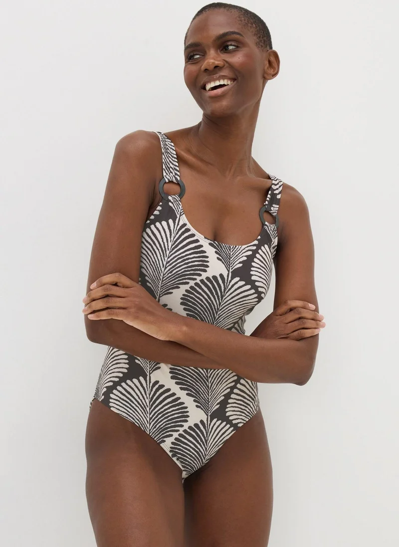 Matalan Black Mono Shell Print Ring Swimsuit