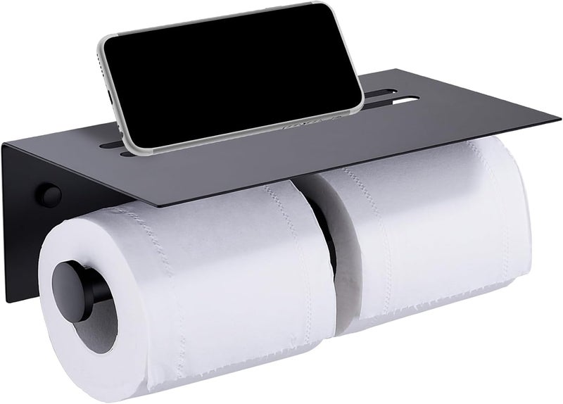 TRUSTMI Black Dual Roll Toilet Paper Holder with Phone Stand Shelf Wall Mounted Stainless Steel Double Roll Restroom Paper Dispenser 10 by 53 Matte Black - Image 1