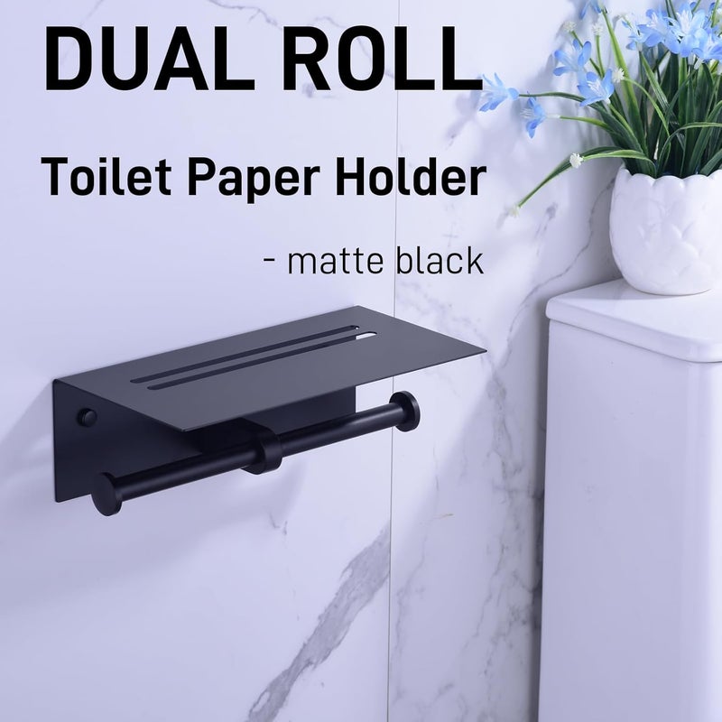 TRUSTMI Black Dual Roll Toilet Paper Holder with Phone Stand Shelf Wall Mounted Stainless Steel Double Roll Restroom Paper Dispenser 10 by 53 Matte Black - Image 2