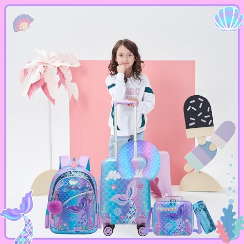 Inprof Cute Mermaid Kid’s Luggage Set 5 Piece Suitcase Set 16’’ Hardside Luggage with Spinner Wheels Girls Travel Rolling Luggage Carry on Luggage Airline Approved - Image 5