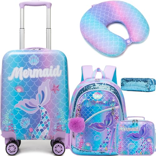 Inprof Cute Mermaid Kid’s Luggage Set 5 Piece Suitcase Set 16’’ Hardside Luggage with Spinner Wheels Girls Travel Rolling Luggage Carry on Luggage Airline Approved - Image 1