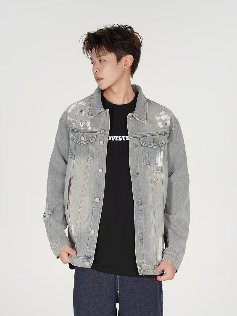 Autumn New Couple Graffiti Print Ripped Denim Jacket Loose Washed Jacket For Men And Women