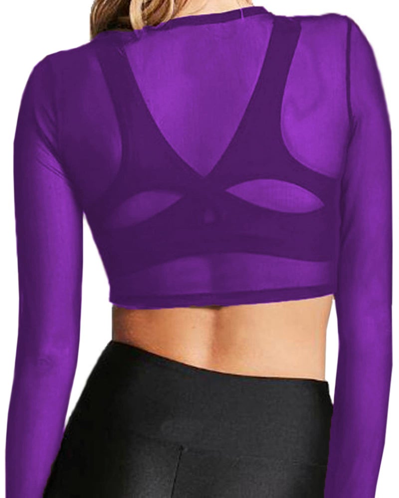 BelleLovin Women's Sheer Mesh Long Sleeve Crop Top Sexy Tee Blouse (Purple, Medium) - Image 4
