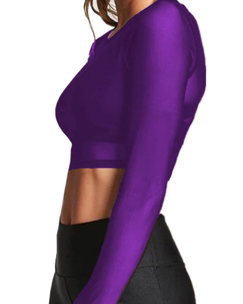 BelleLovin Women's Sheer Mesh Long Sleeve Crop Top Sexy Tee Blouse (Purple, Medium) - Image 2