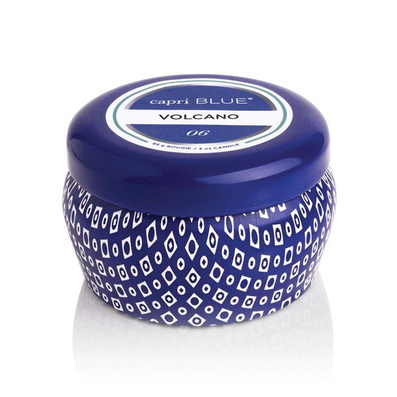 Capri Blue Volcano Scented Mini Tin Candle  Printed Mini Tin Jar Candle  Luxury Candles for Home Scented with Tropical Fruit  Sugared Citrus  Soy Candle Wax Blend  Blue Candle 3 oz