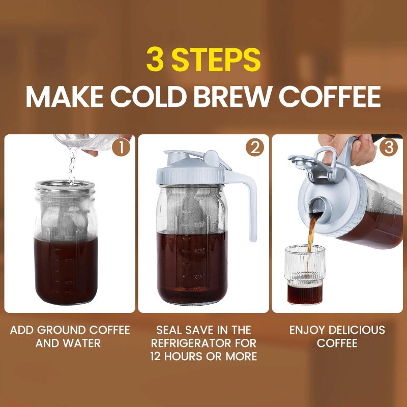 Qhh Cold Brew Coffee Maker 32 Oz Mason Jar Pitcher With Stainless Steel Filter  Pour Spout Handle Lid  Heavy Duty Glass Airtight & Leak-Proof Pitcher For Iced Coffee Tea Lemonade-Gray - Image 4