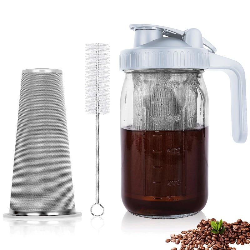 Qhh Cold Brew Coffee Maker 32 Oz Mason Jar Pitcher With Stainless Steel Filter  Pour Spout Handle Lid  Heavy Duty Glass Airtight & Leak-Proof Pitcher For Iced Coffee Tea Lemonade-Gray - Image 1