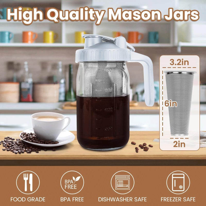 Qhh Cold Brew Coffee Maker 32 Oz Mason Jar Pitcher With Stainless Steel Filter  Pour Spout Handle Lid  Heavy Duty Glass Airtight & Leak-Proof Pitcher For Iced Coffee Tea Lemonade-Gray - Image 2