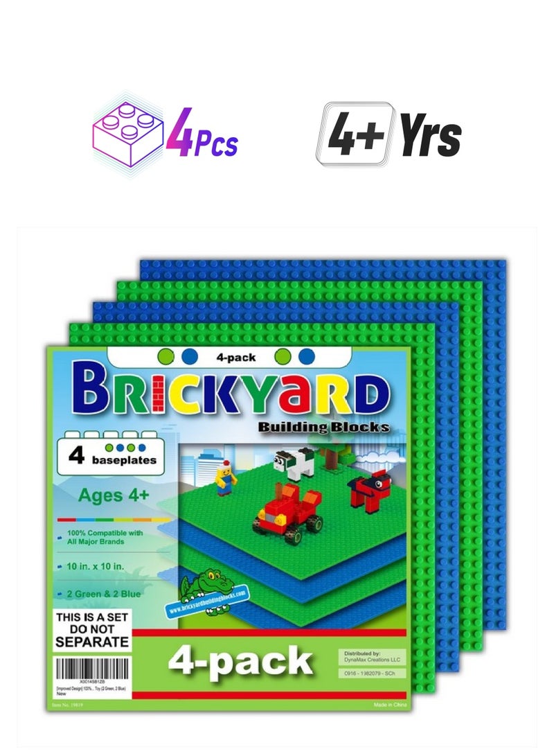 Brickyard Building Blocks Lego Compatible Baseplate - Pack Of 4 Large 10 X 10 Inch Base Plates For Toy Bricks, Stem Activities & Display Table - Green, Blue  - Image 1
