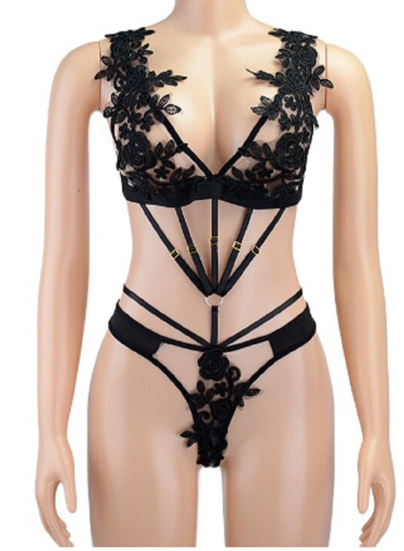 Lingerie (jumpsuit) chiffon lace on both sides with a floral pattern belts connected together  - Image 2