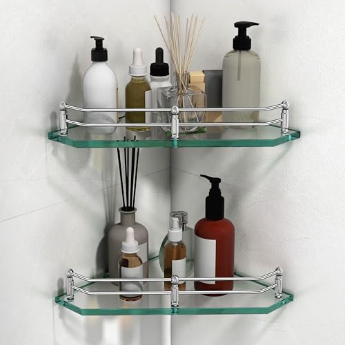 Plantex Corner Glass Shelf for Bathroom Wall/Glass Shelf for Kitchen/Bathroom/Living Room Corner Shelf (9x9 Inches - Pack of 2) - Image 1