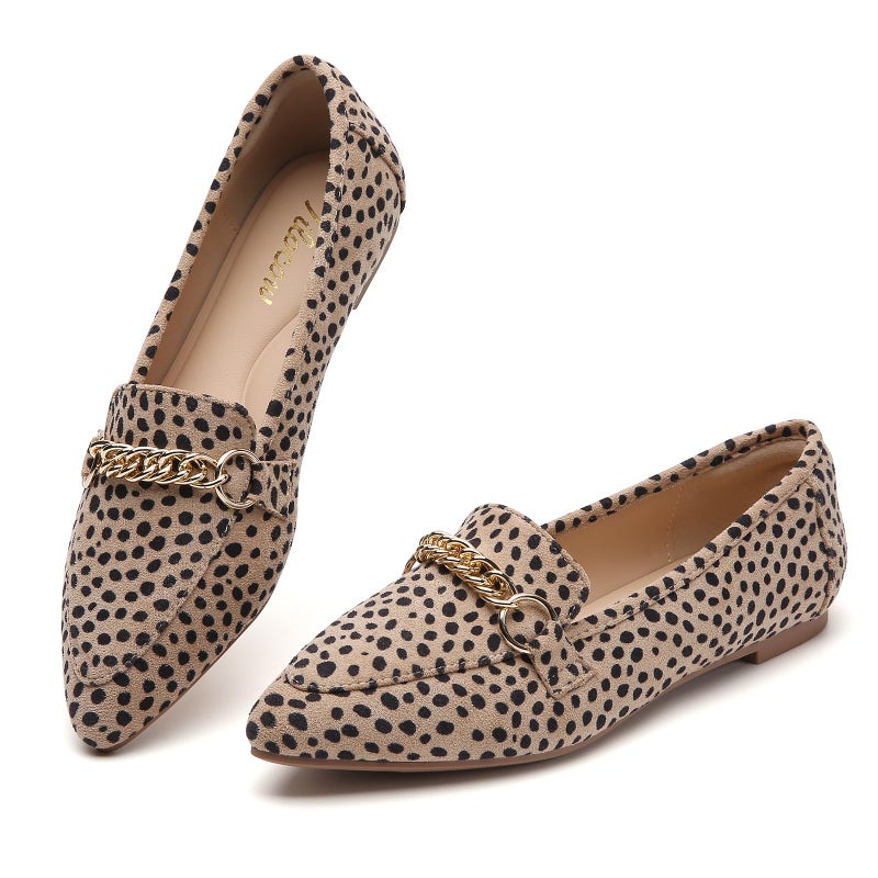 Tilocow Metal Chain Leopard Loafers for Women Pointed Toe Slip on Flats Comfortable Fashion Work Shoes Size 8.5 - Image 1