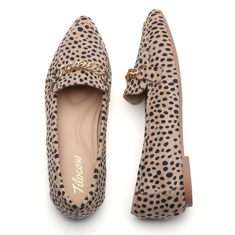 Tilocow Metal Chain Leopard Loafers for Women Pointed Toe Slip on Flats Comfortable Fashion Work Shoes Size 8.5 - Image 4