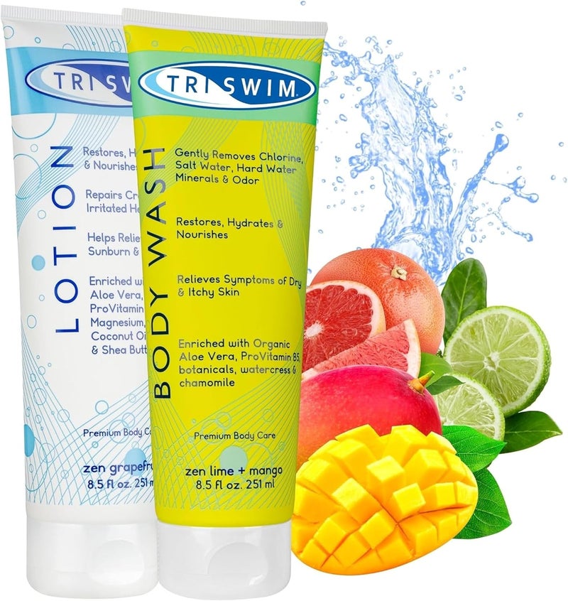 TRISWIM Chlorine Removal Body Care Bundle for Swimmers After Swim Body Wash and Body Lotion Shower Gel For Swimmers Body Moisturiser For Dry Skin AntiChlorine Skin Treatment Vegan 2x 251ml