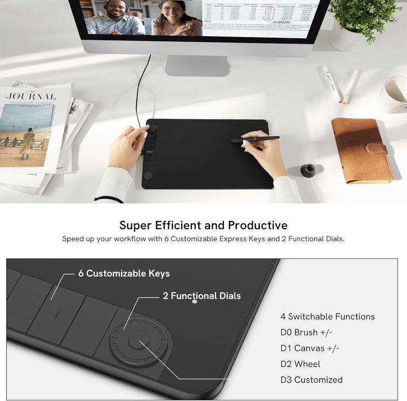 فايك لوحة رسم VK1060PRO بحجم 10×6 بوصة مع 8 مفاتيح اختصار، وتصميم قرص مزدوج، و8192 مستوى ضغط، وقلم بدون بطارية، متوافقة مع Windows/Mac OS/Android/Linux - Image 2