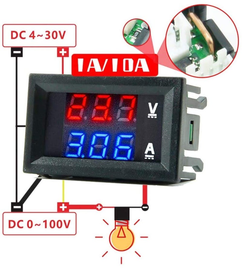diymore 5PCS 0.28" Volt Amp Meter Digital Voltmeter Ammeter DC 100V 10A Waterproof Dual Display Current Voltage Meter Mini Ammeter Voltmeter 3 Bits Dual LED Display Panel(Red-Blue) - Image 2