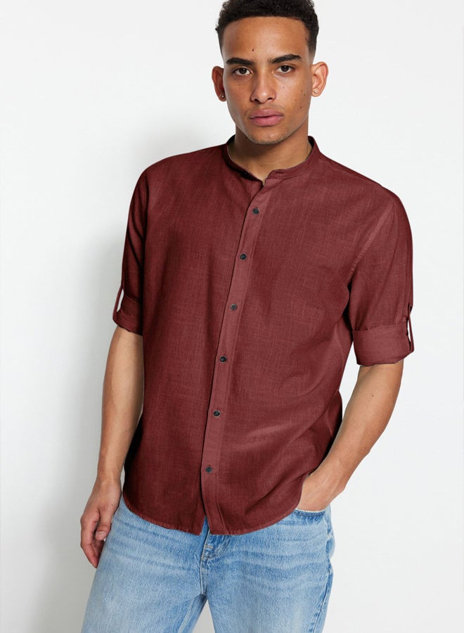 trendyol Claret Red Basic Collar Epaulette Slim Fit Long Sleeve Shirt TMNSS20GO0188 - Image 1
