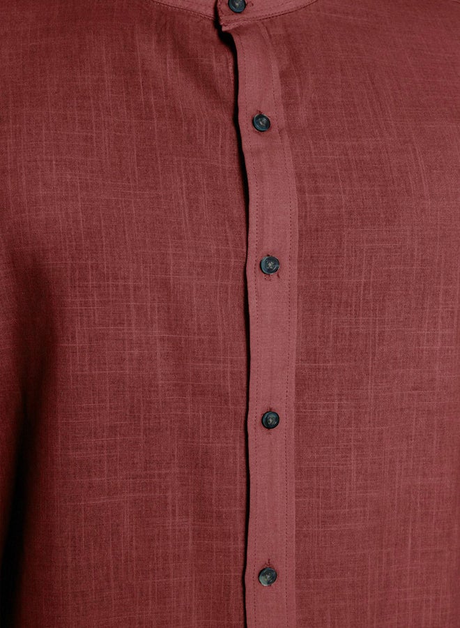 trendyol Claret Red Basic Collar Epaulette Slim Fit Long Sleeve Shirt TMNSS20GO0188 - Image 5