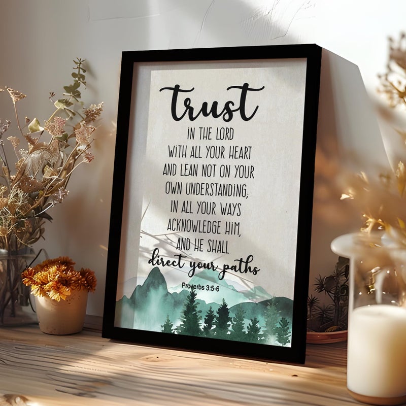 PHAMTE Christian Proverbs 3:5-6 Trust In The Lord With All Your Heart Framed Wall Art Prints Posters Decor  Bible Verse Religious Pictures Framed Artwork for Walls Prayer Living Room Decor 11x14 - Image 1