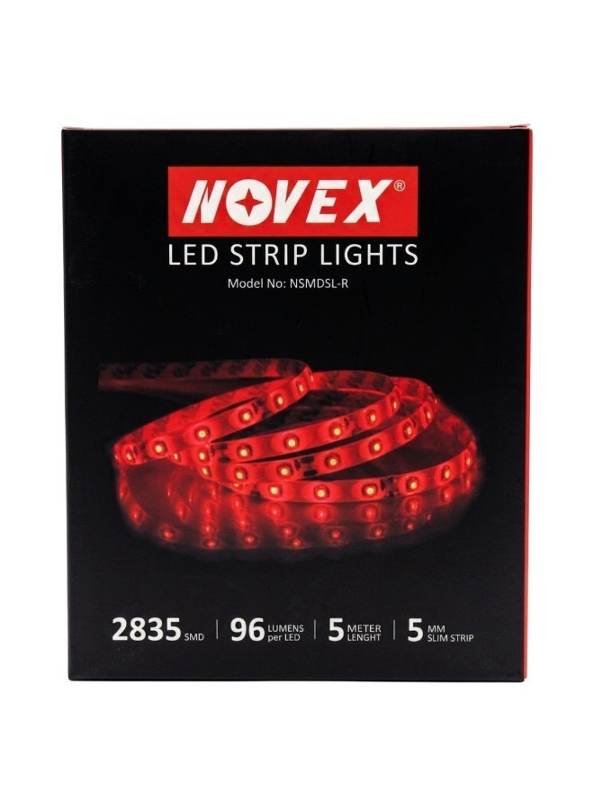 NOVEX Red LED Strip Light 5M 12V DC | 120 LEDs/M High Density 2835 SMD | Ultra Slim 5mm Flexible LED Tape | Indoor Decorative Lighting for Home, Gaming Room, Cabinets, Retail Displays & Signage - Image 1