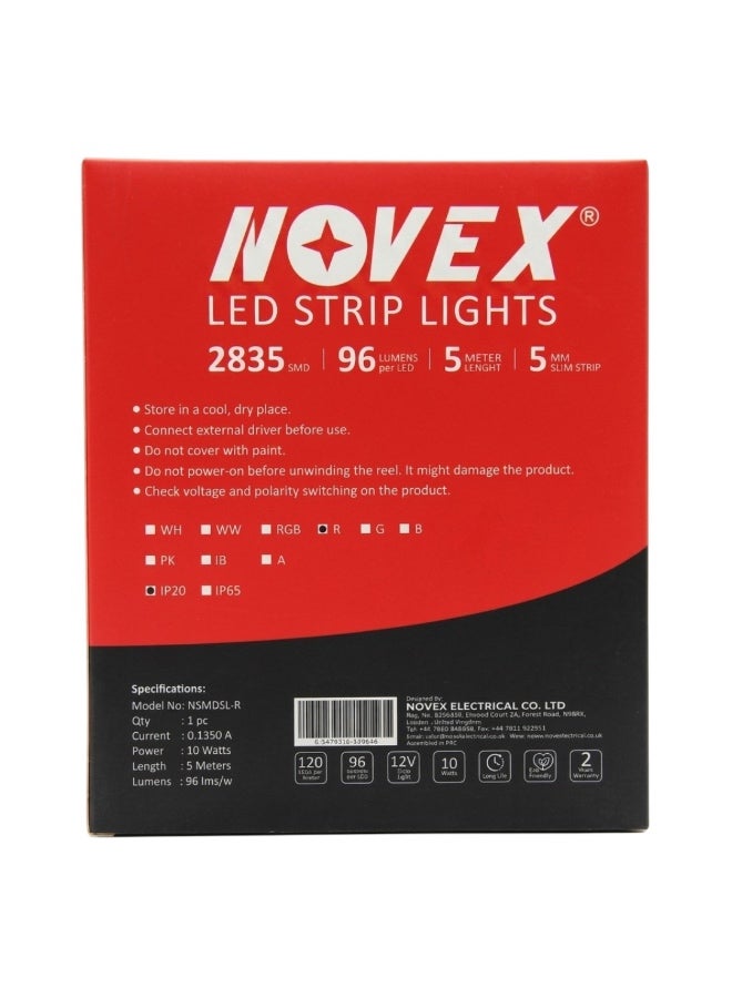 NOVEX Red LED Strip Light 5M 12V DC | 120 LEDs/M High Density 2835 SMD | Ultra Slim 5mm Flexible LED Tape | Indoor Decorative Lighting for Home, Gaming Room, Cabinets, Retail Displays & Signage - Image 2