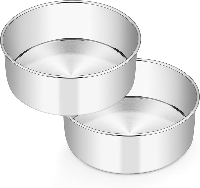 E-far 8 x 3 Inch Round Cake Pans, Stainless Steel Deep Cake Baking Pan for Layer Cake Chiffon Cheesecake, Healthy Metal Cake Tin for Birthday Wedding Party, Straight Side & Dishwasher Safe - Set of 2 - Image 1