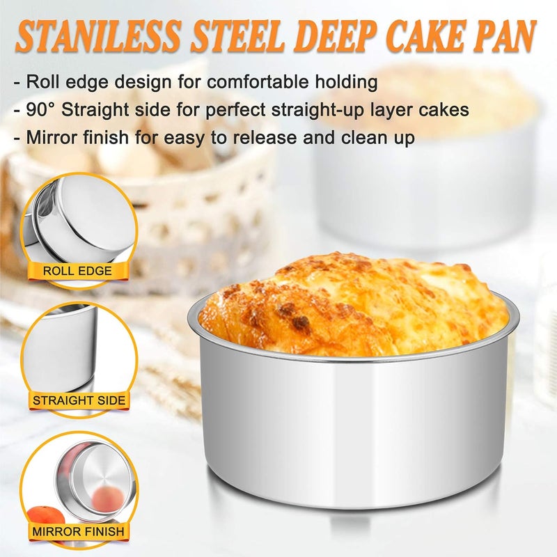 E-far 8 x 3 Inch Round Cake Pans, Stainless Steel Deep Cake Baking Pan for Layer Cake Chiffon Cheesecake, Healthy Metal Cake Tin for Birthday Wedding Party, Straight Side & Dishwasher Safe - Set of 2 - Image 3