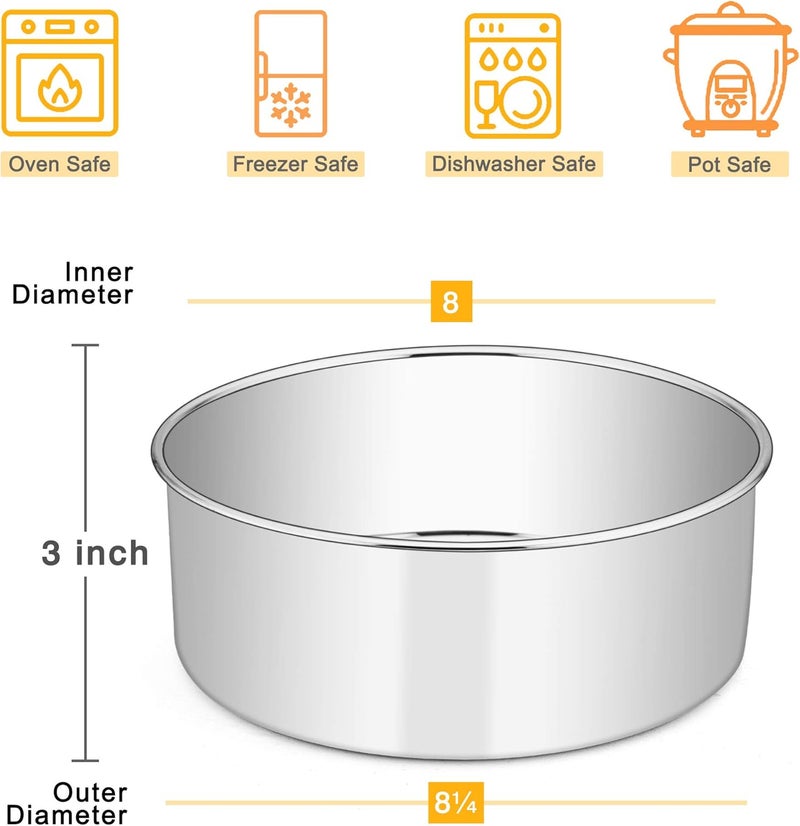 E-far 8 x 3 Inch Round Cake Pans, Stainless Steel Deep Cake Baking Pan for Layer Cake Chiffon Cheesecake, Healthy Metal Cake Tin for Birthday Wedding Party, Straight Side & Dishwasher Safe - Set of 2 - Image 2