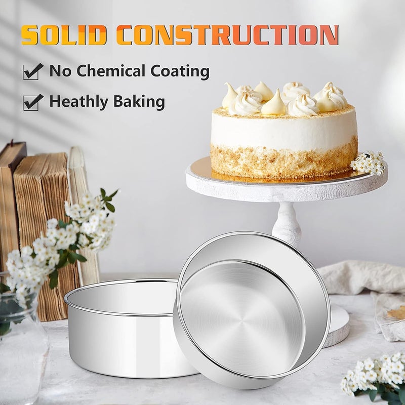 E-far 8 x 3 Inch Round Cake Pans, Stainless Steel Deep Cake Baking Pan for Layer Cake Chiffon Cheesecake, Healthy Metal Cake Tin for Birthday Wedding Party, Straight Side & Dishwasher Safe - Set of 2 - Image 4