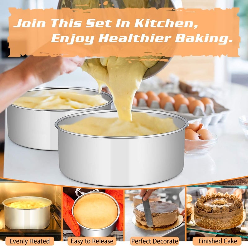 E-far 8 x 3 Inch Round Cake Pans, Stainless Steel Deep Cake Baking Pan for Layer Cake Chiffon Cheesecake, Healthy Metal Cake Tin for Birthday Wedding Party, Straight Side & Dishwasher Safe - Set of 2 - Image 5