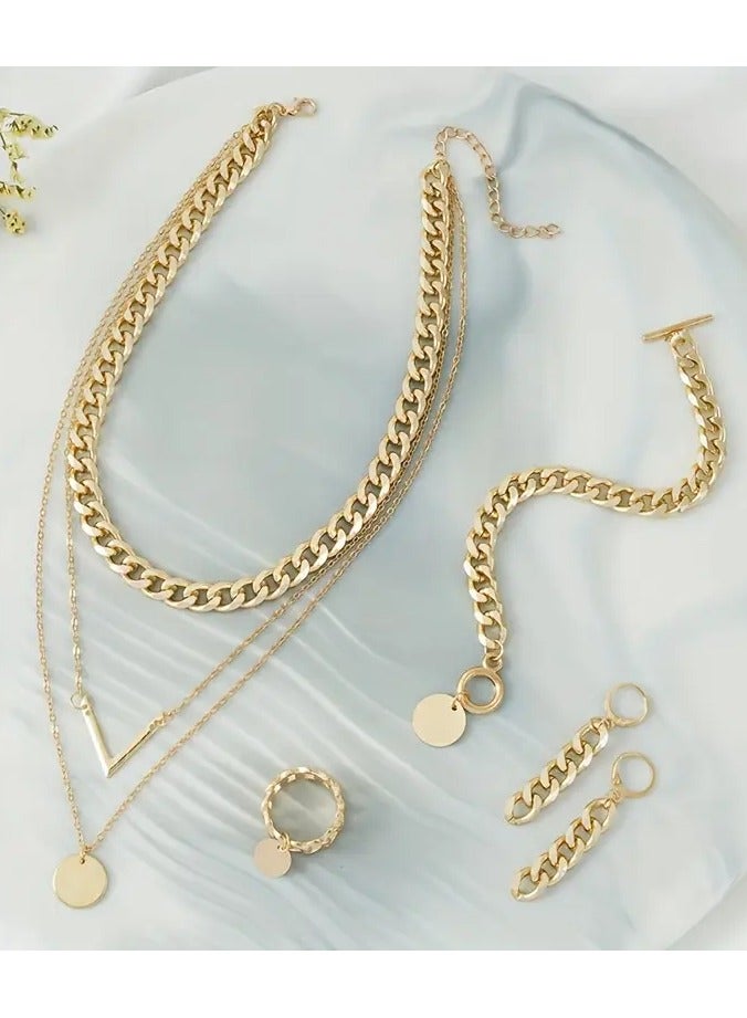 Goolsky طقم أساور وأقراط وقلادة وخاتم مكون من 5 قطع - تصميم سلسلة كوبية عصرية، قلادة متعددة الطبقات، ملابس يومية أنيقة للنساء/إكسسوارات حفلات، سبيكة مقاومة للتأكسد، طقم مجوهرات متناسق - Image 2