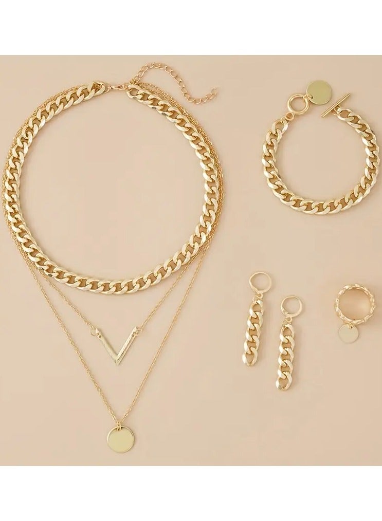 Goolsky طقم أساور وأقراط وقلادة وخاتم مكون من 5 قطع - تصميم سلسلة كوبية عصرية، قلادة متعددة الطبقات، ملابس يومية أنيقة للنساء/إكسسوارات حفلات، سبيكة مقاومة للتأكسد، طقم مجوهرات متناسق - Image 5