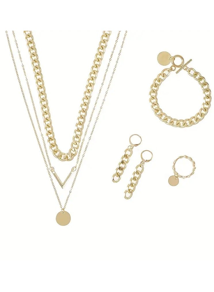 Goolsky طقم أساور وأقراط وقلادة وخاتم مكون من 5 قطع - تصميم سلسلة كوبية عصرية، قلادة متعددة الطبقات، ملابس يومية أنيقة للنساء/إكسسوارات حفلات، سبيكة مقاومة للتأكسد، طقم مجوهرات متناسق - Image 3