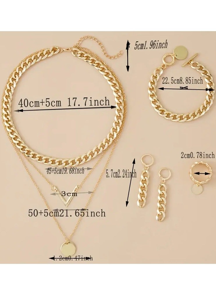 Goolsky طقم أساور وأقراط وقلادة وخاتم مكون من 5 قطع - تصميم سلسلة كوبية عصرية، قلادة متعددة الطبقات، ملابس يومية أنيقة للنساء/إكسسوارات حفلات، سبيكة مقاومة للتأكسد، طقم مجوهرات متناسق - Image 4